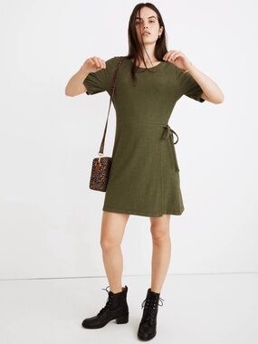 Madewell Olive Green Short Sleeve Tie-Waist Mini Dress